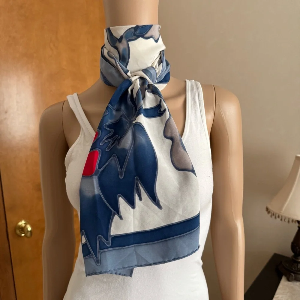 Artisan Hand Painted Blue Red White Silk Floral Neck Skinny Oblong Scarf